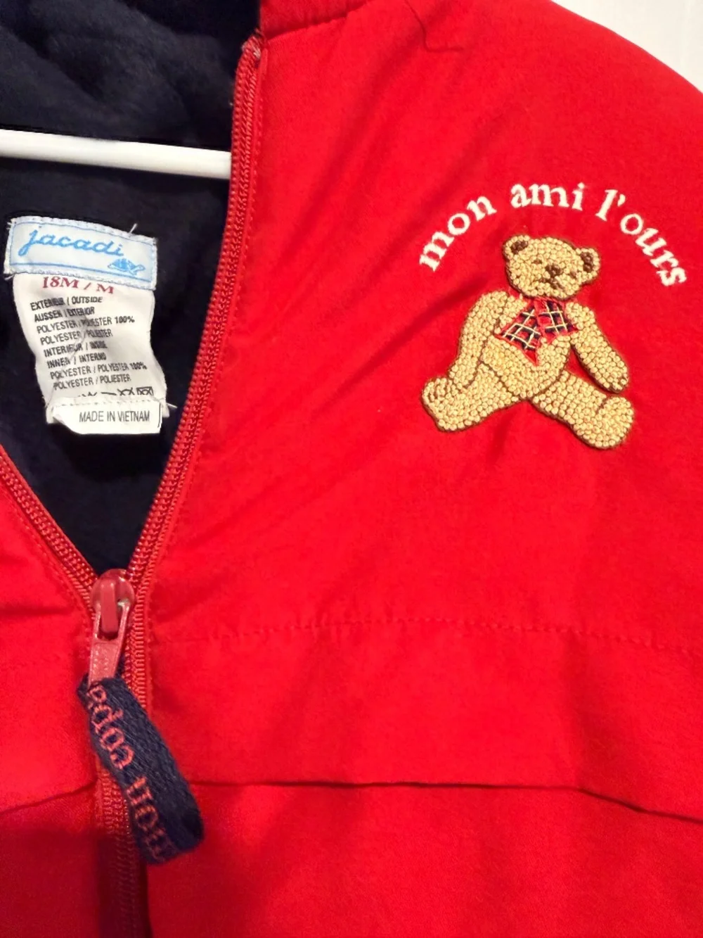 Vintage 1990s Jacadi bear red snowsuit, 18m